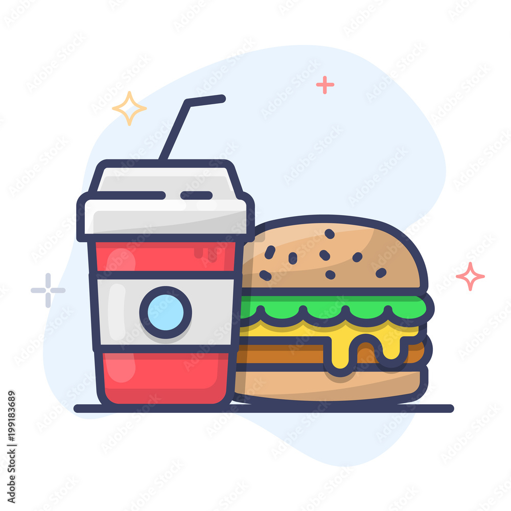 Burger Vector Icon. Fast Food Vector Line Icon. Plastic Soda Drink Cup Outline Illustration. Burger Vector Icon. Fast Food Vector Line Icon. Plastic Soda Drink Cup Outline Illustration.