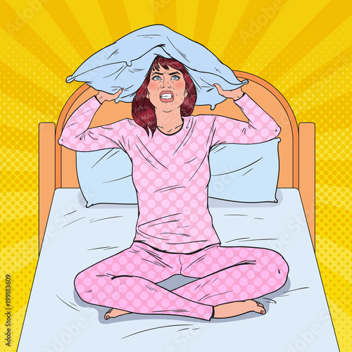 Pop Art Angry Woman Closing Ears with Pillow. Stressful Morning Situation. Girl Suffering from Insomnia. Vector illustration