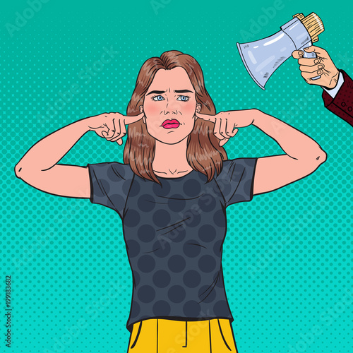 Pop Art Frustrated Woman Closed Ears with Fingers from Megaphone. Ignorance Concept. Vector illustration