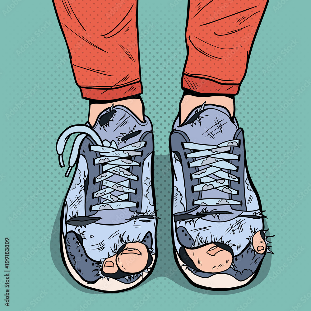 Pop Art Old Sneakers. Dirty Old Shoes. Hipster Wear Damaged Footwear.  Vector illustration Stock Vector | Adobe Stock