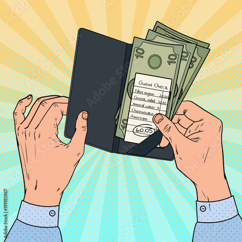 Pop Art Man Paying the Bill at the Restaurant. Guest Check with Cash. Vector illustration