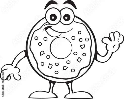 Black and white illustration of a happy donut waving.
