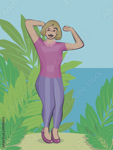 plump, thick, cute girl with blond hair in a pink shirt with blue tight jeans and elk in pink shiny shoes smiles and dances on a sandy beach in the tropics surrounded by leaves against the blue sea