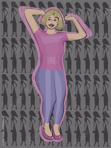 plump, thick, cute girl with blond hair in a pink t-shirt of blue tight jeans in pink shoes with a light pink border smiles and dances, against the background of black silhouettes of a lean girls