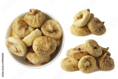 Collage of figs isolated on white background. Ripe dried fruit close-up. Set of figs. Dried figs isolated on white. Heap of dried figs on a white background