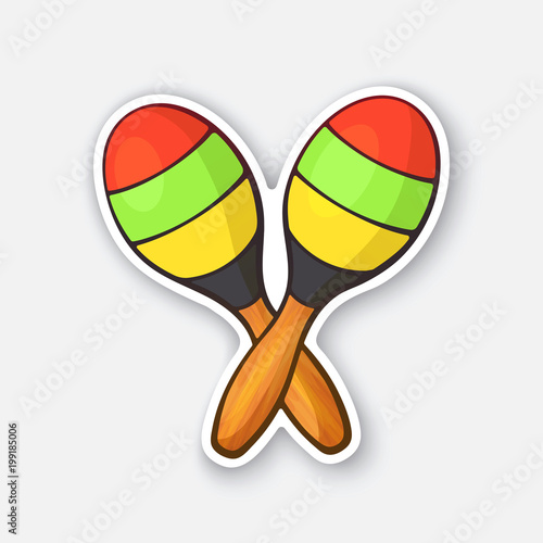 Sticker of two crossed wooden maracas in colored stripes