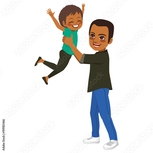 Young African American father holding daughter up playing flying