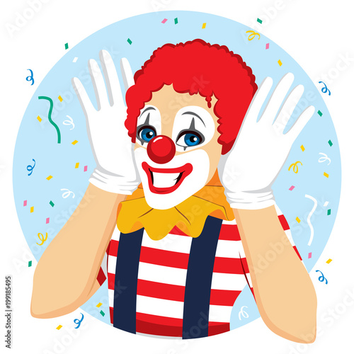 Funny clown portrait with hands on ears happy face expression and big smile