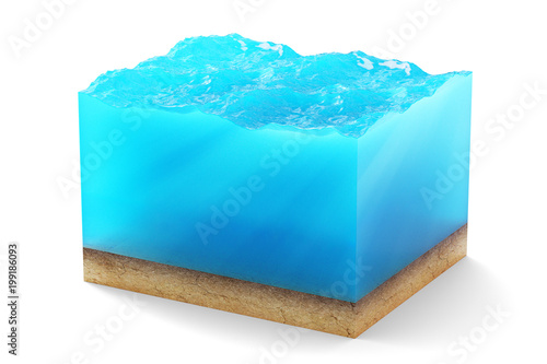 3d rendering of cross section of water cube with sandy bottom underwater isolated on white background.