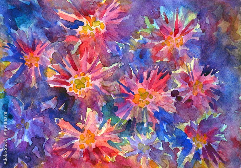 Abstract red and blue flowers. Emotional painting. Watercolor artwork. Abstract background and texture Abstract red and blue flowers. Emotional painting. Watercolor artwork. Abstract background and texture
