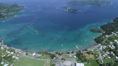 a cinematic drone tilt up to reveal two small islands in the Caribbean