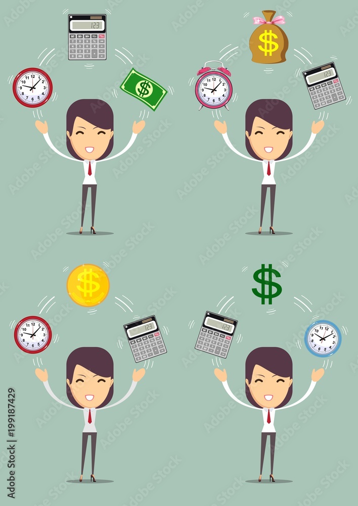 financial advisor - Bookkeeping services and time management. set. Profit, finances concept. Vector, flat illustration financial advisor - Bookkeeping services and time management. set. Profit, finances concept. Vector, flat illustration