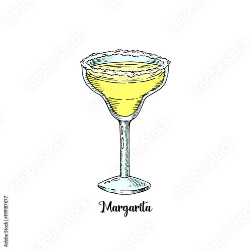 Cocktail margarita in sketch style for menu. Contemporary Classic cocktail. Tequila drink.
