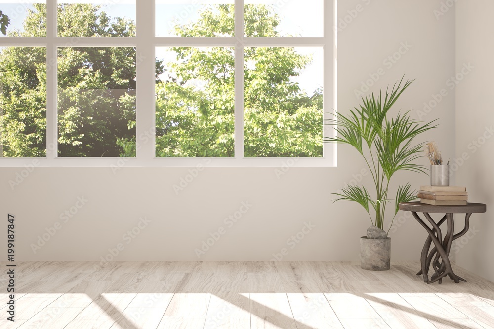 White empty room with summer landscape in window. Scandinavian interior design. 3D illustration
