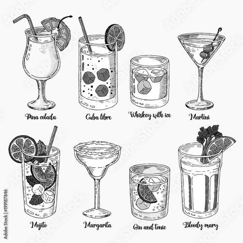 Set of isolated colorful sketch cocktails. Margarita, whiskey, tequila. Mojito, bloody mary and cuba libre.