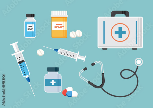 Medicine. First aid kit, stethoscope, and syringe for injection with blue vaccine, vial of medicine, empty syringe, and medicine bottles and pills. Vector illustration