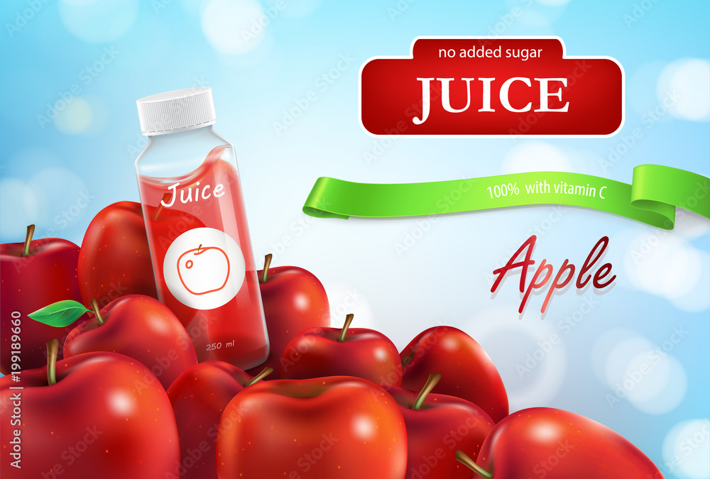 Vector realistic promo banner of apple juice, poster for advertising ...