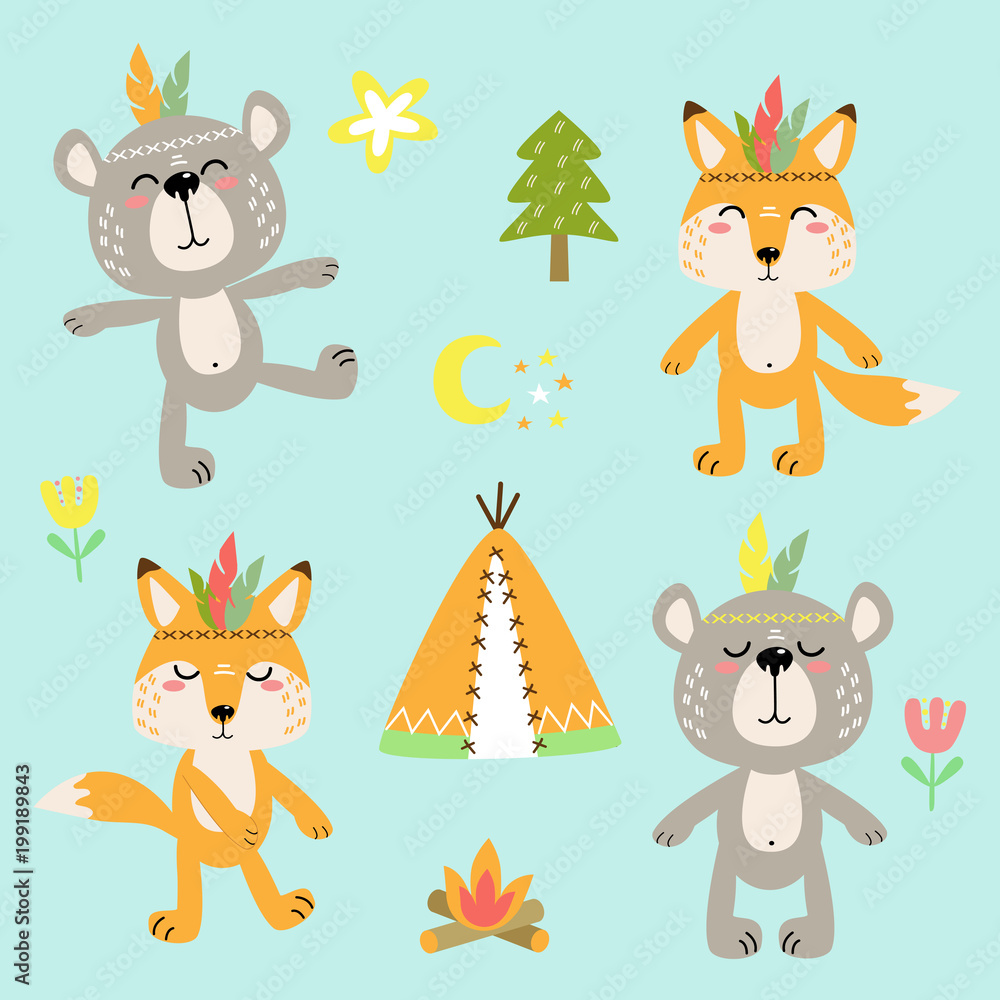 Fototapeta premium cheerful vector set of cartoon animal drawings with decorative elements