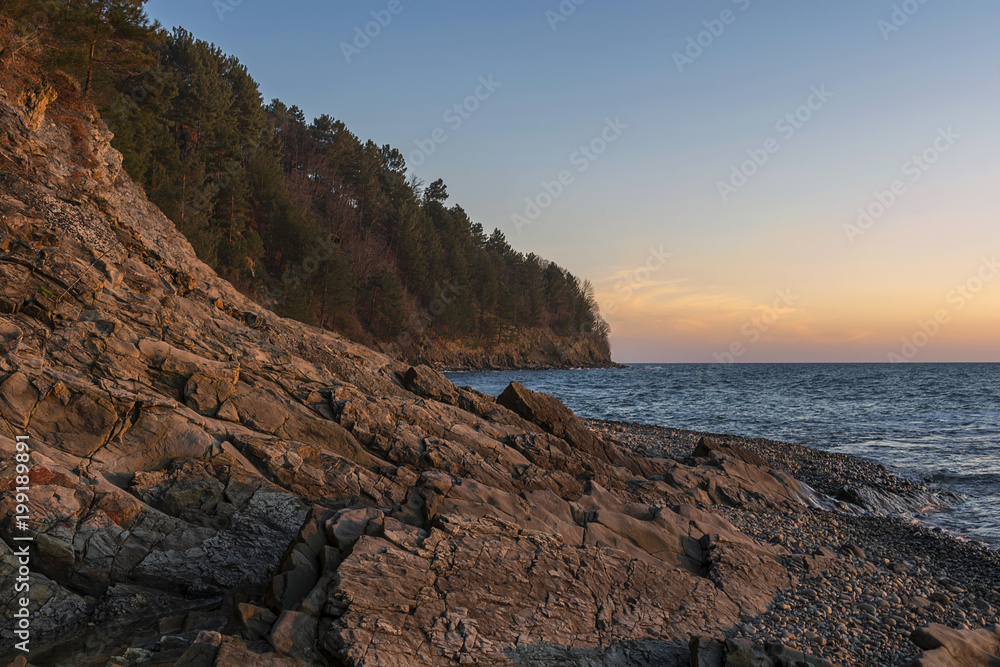 Beautiful cloudless landscape on the shore of the Black Sea, sunset
