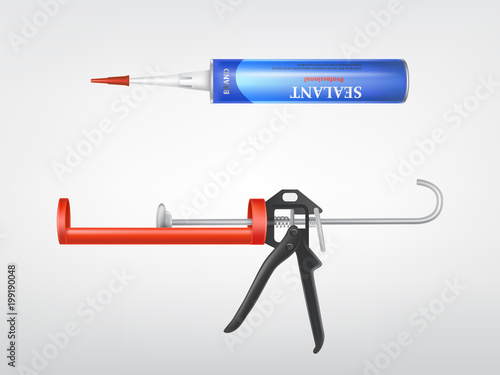 Vector 3d realistic empty caulking gun, metallic bottle with construction foam, sealing adhesive, pu-foam, tube with silicone building sealant for professional tool. Mockup for brand, package design