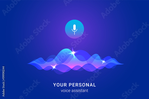 Personal assistant and voice recognition concept gradient vector illustration of soundwave intelligent technologies. Microphone button with bright voice and sound imitation waves