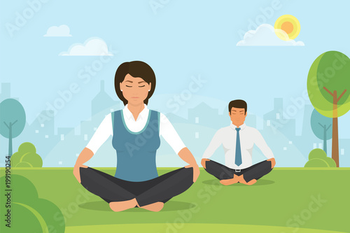 Flat vector illustration of calm woman and man doing meditation in the lotus position in the park on the green field. People relaxing and meditating alone with nature after hard work ing day