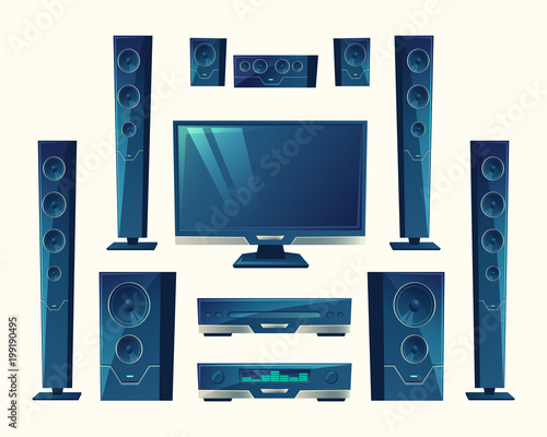 Vector home theater, audio video system, acoustic equipment, stereo technology. Electronic amplifier, surround hi-fi sound. Speakers, subwoofers, media player in cartoon style isolated on background