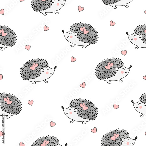 Seamless pattern with cute watercolor hedgehogs and hearts. Vector background.