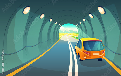 Vector illustration of tunnel with car, highway for vehicle. Grey asphalt with lighting in underground road. Hatchback rides for picnic in countryside, field with sky and mountains at the exit of way