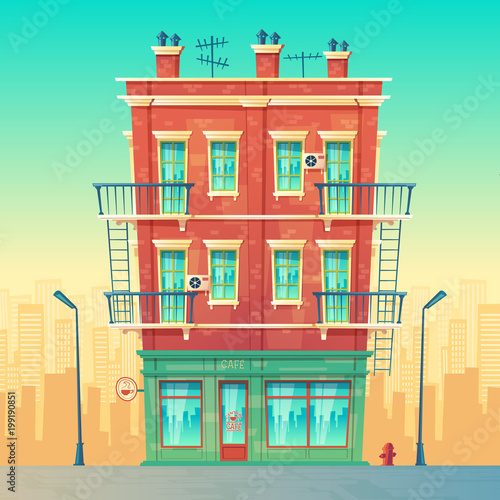 Vector street cafe in residential multi-storey apartment, urban business, restaurant inside the private building concept. Modern architecture in cartoon style