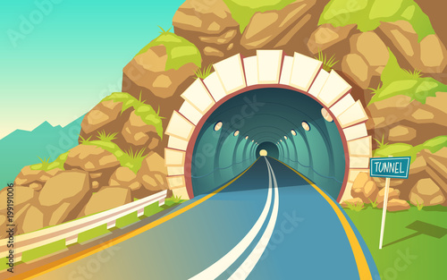 Vector cartoon illustration of tunnel, highway. Grey asphalt with road marking, connector inside the mountain. Pathway out of the city, countryside way.