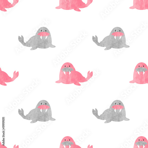 Seamless pattern with watercolor cute walrus for kids. Vector baby print.