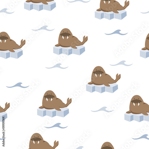 Seamless vector pattern with cute cartoon walrus on ice.