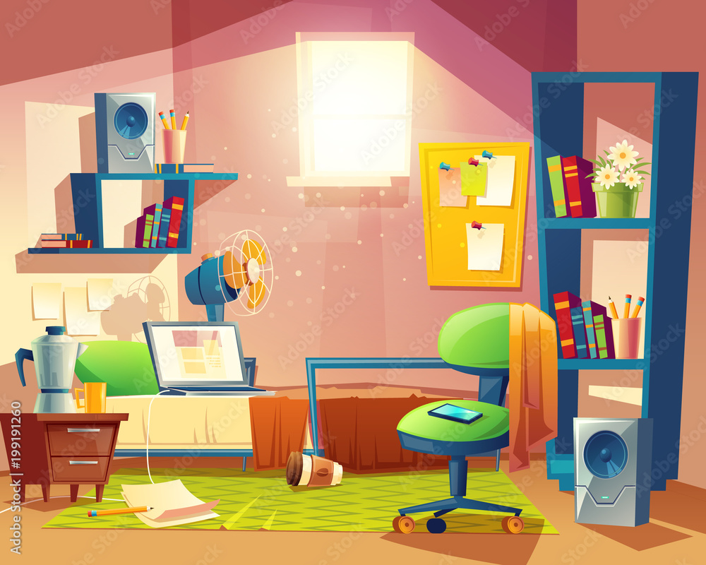 Vector small room with mess, cartoon bedroom, dormitory with furniture. Student, pupil cozy apartment with bed, laptop, armchair, carpet, bookshelf, loudspeakers, fan board Architecture background Vector small room with mess, cartoon bedroom, dormitory with furniture. Student, pupil cozy apartment with bed, laptop, armchair, carpet, bookshelf, loudspeakers, fan board Architecture background