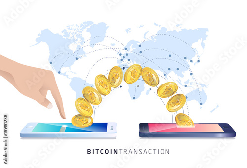 Bitcoin transaction. Hand with smartphones. Cryptocurrency. Vector isometric illustration.