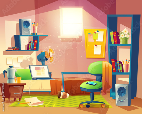 Vector small room with mess, cartoon bedroom, dormitory with furniture. Student, pupil cozy apartment with bed, laptop, armchair, carpet, bookshelf, loudspeakers, fan board Architecture background