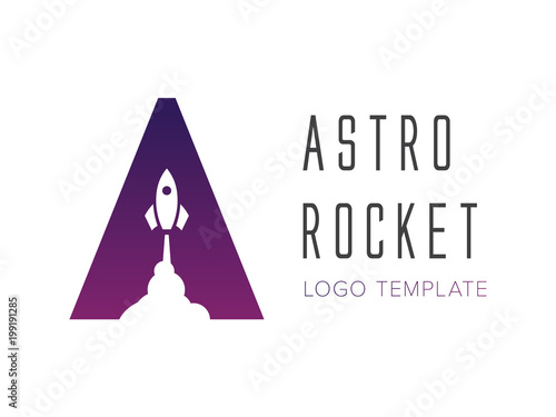 Logo template letter A with rocket launch symbol. Trending negative space design.