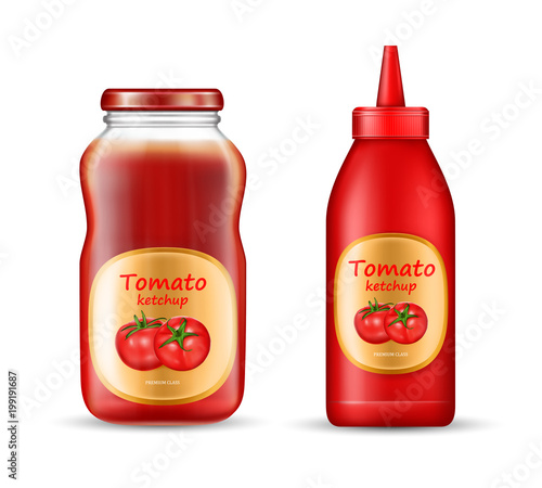 Vector realistic set with two bottles of ketchup, plastic and glass jars with closed lids and labels isolated on background. Red tomato sauce, paste, natural spicy condiment, mockup for package design