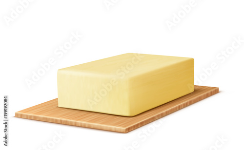 Vector realistic yellow stick of butter on the cutting board, margarine or spread, natural dairy product isolated on background. Fat, high-calorie food for cooking and eating. Mockup for your design