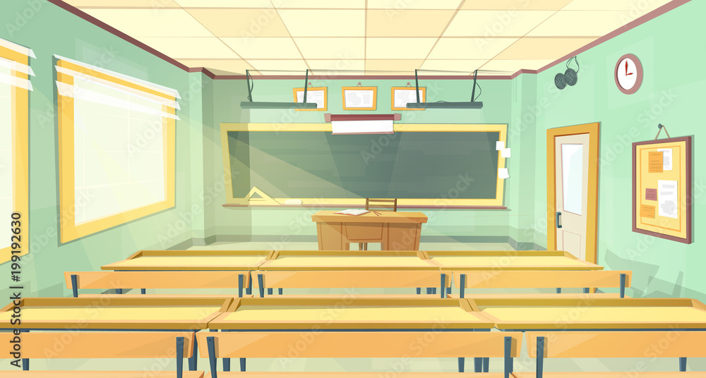 Vector cartoon background - back to college. Empty school classroom,  interior inside, lecture hall. Education concept illustration, university  training room with furniture, chalkboard, table, desks. Stock Vector |  Adobe Stock