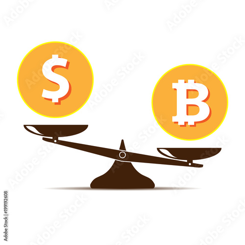 vector scale icon. bitcoin and dollars coin on white background
