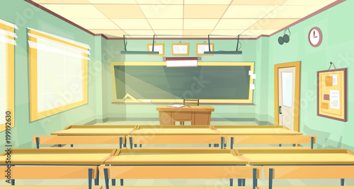Vector cartoon background - back to college. Empty school classroom, interior inside, lecture hall. Education concept illustration, university training room with furniture, chalkboard, table, desks.