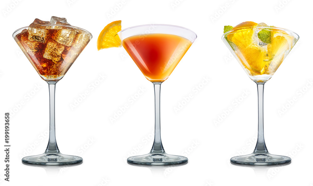 Set of cocktails or mocktail in martini glass with ice cubes, orange and mint isolated on white background. Clipping path Set of cocktails or mocktail in martini glass with ice cubes, orange and mint isolated on white background. Clipping path