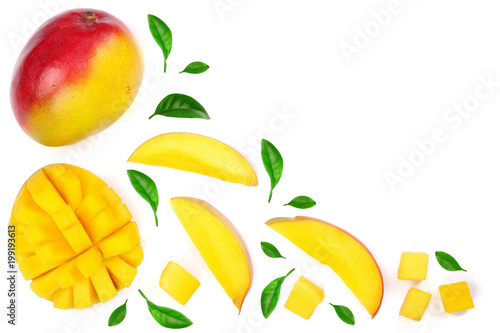 Mango fruit and slices decorated with leaves isolated on white background with copy space for your text. Top view