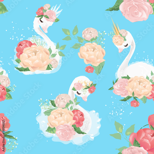Beautiful white swan princess with crowns and peony flowers floral bouquets seamless pattern
