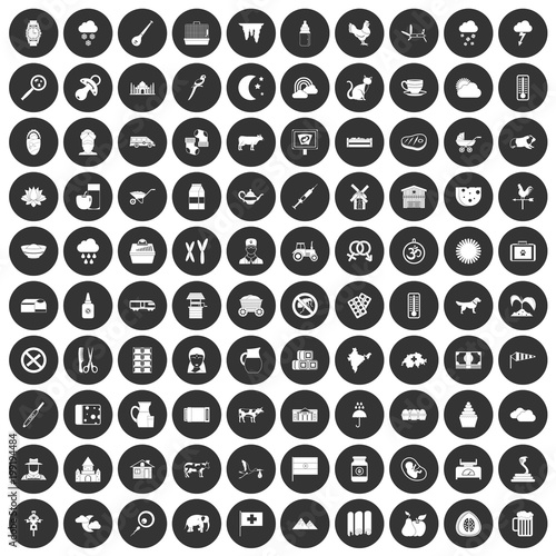 100 cow icons set black circle
