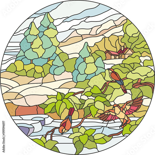 stained glass bird forest