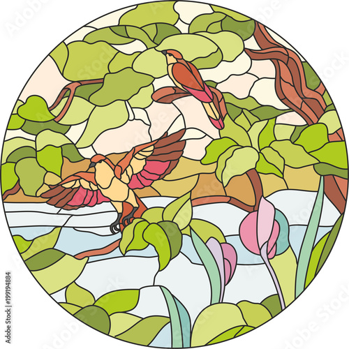 stained glass bird landscape