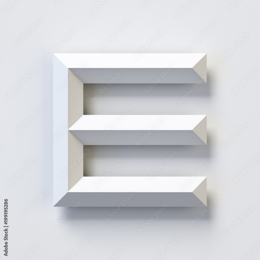 Letter E, square three dimensional font, white, simple, geometric, casting shadow on the background wall, 3d rendering Letter E, square three dimensional font, white, simple, geometric, casting shadow on the background wall, 3d rendering