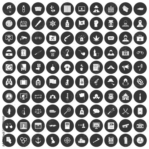 100 crime investigation icons set black circle